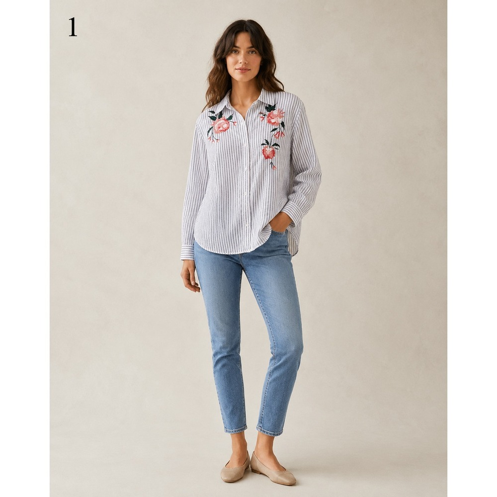 Rails Nevin Shirt Womens Large White Blue Stripe Pink Embroidered Floral Cotton